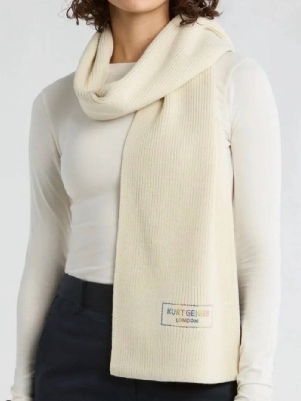 Kurt Geiger Cream Ribbed Knit Scarf